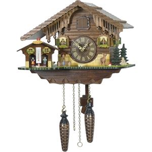 ISDD Cuckoo Clock TU 415 Q - Reloj cucú de cuarzo, diseño "Casa suiza con casita meteorológica", color nogal