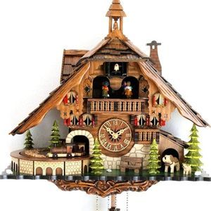 CLOCKVILLA HETTICH-UHREN Selva Negra reloj de cuco Casa de la Selva Negra Cuarzo Movimiento Ferrocarril Tren Música