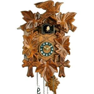 Eble - Reloj de cuco de madera con mecanismo de cuarzo que funciona con pilas y con sonido de cuco y mecanismo musical de Eble, diseño de hojas 30 cm